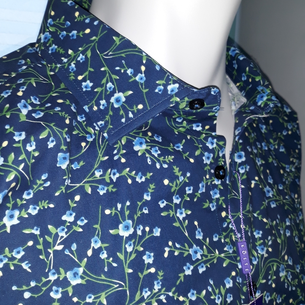 Kolte mens blue floral cotton shirt. NWT. XL. 17.5 neck - Picture 4 of 7